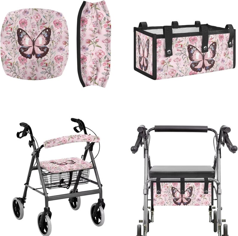 LedBack Rollator Walker Seat and Backrest Covers Walker Accessories for 3 Pcs, Pink Floral Butterflies Under Seat Bag for Four Wheel Rollator, Easy to Install - Image 1